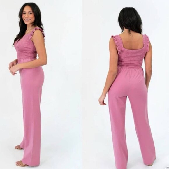 Amalli Talli Mauve Smocked Wide Leg Jumpsuit with Ruffled Straps - Picture 1 of 9